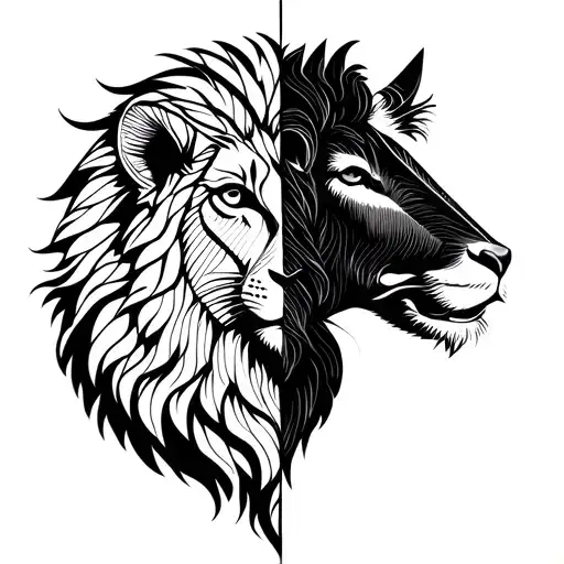 a minimal line art tattoo of a half lion head and a half goat head combined tattoo design idea