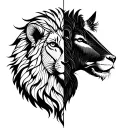 a minimal line art tattoo of a half lion head and a half goat head combined tattoo design idea