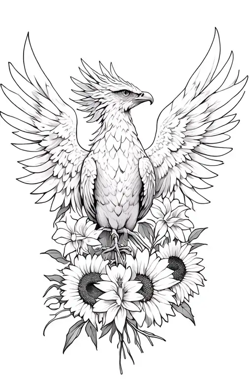 Phoenix with sunflowers and gladiolus  tattoo design idea