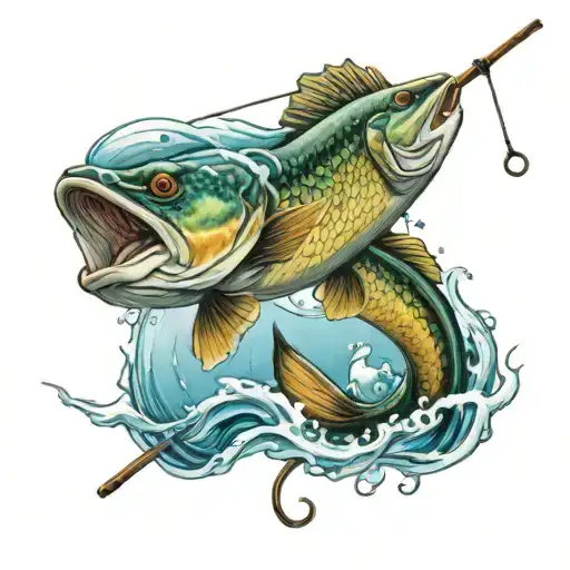 fishing rod spelling forever fishing with Barra jumping out of water  tattoo design idea