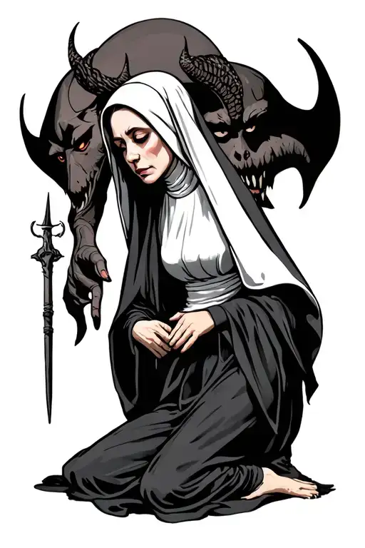 A nun on her knees and a big devil behind her tattoo design idea