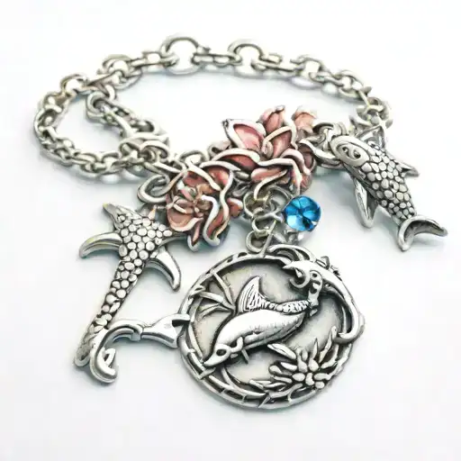 charm bracelet with koi charm, dolphin charm, chimpanzee charm. stargazer lily charm, angel charm tattoo design idea
