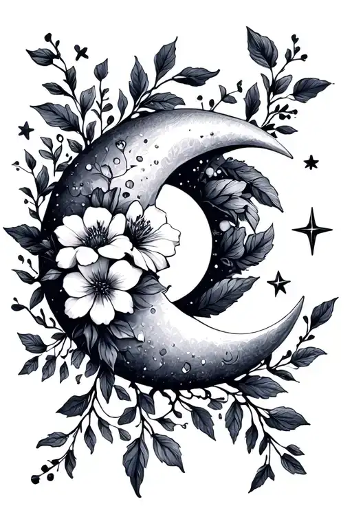 December and may birth flower vine growing up the crescent moon and stars tattoo design idea