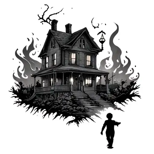 a burning house with a boy walking up to it with a lantern, lady justice featured  tattoo design idea