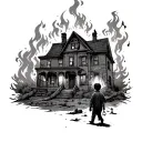 a burning house with a boy walking up to it with a lantern, lady justice featured  tattoo design idea