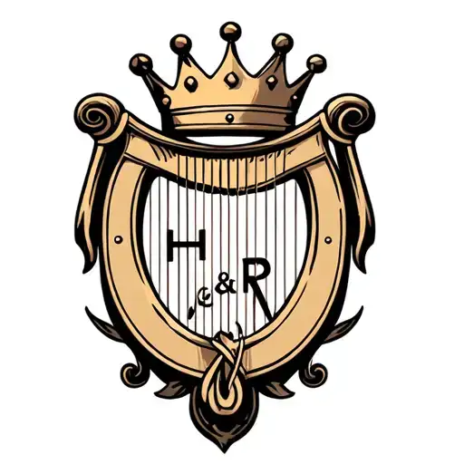 "H and r" "H and r" harp with crown hanging tattoo design idea