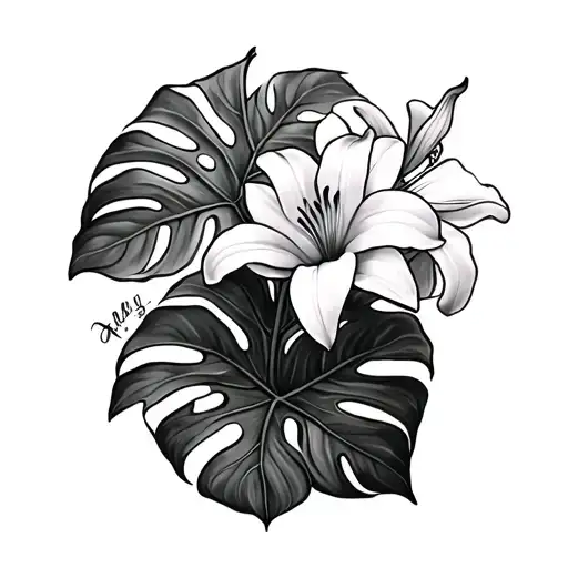God, monstera cross, lillies tattoo design idea