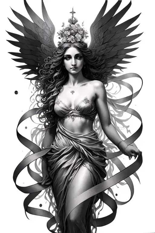 Create pencil sketch shading style tattoo. Realistic Floating godess with minimal transparent sheer ribbons around body  tattoo design idea