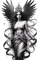 Create pencil sketch shading style tattoo. Realistic Floating godess with minimal transparent sheer ribbons around body  tattoo design idea
