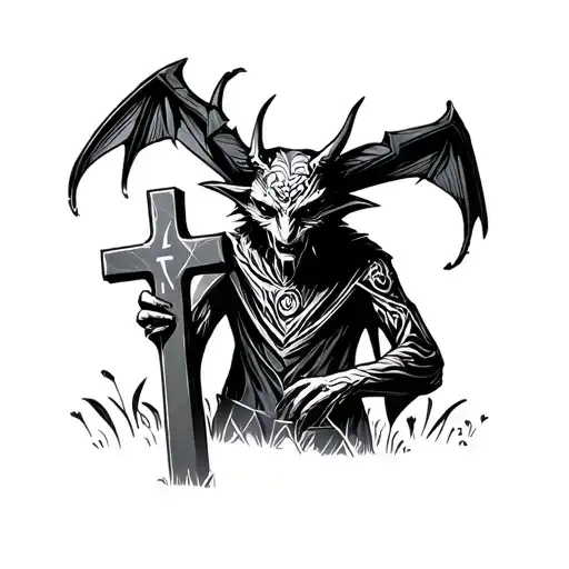 a demon in a graveyard holding the number 76 tattoo design idea