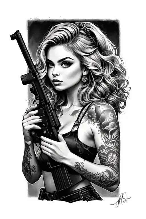 AR15 pin up girl holding tattoo design idea