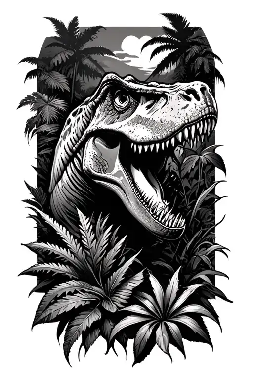jurassic park style tattoo with some plants, a T-rex and some more stuff tattoo design idea