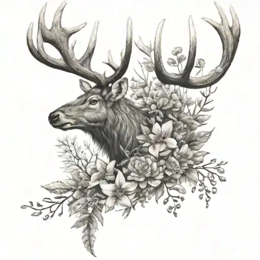 elk antlers wild flowers tattoo design idea