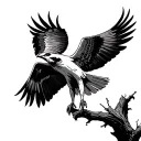  Either an Osprey, Dove, Eagle or a Peregrine Falcon in mid-flight, wings spread wide as the branch beneath it snaps.  tattoo design idea