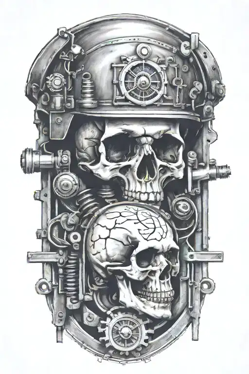 train tracks and a small compass with one hooded skull and engine camshafts harley davidson style tattoo design idea