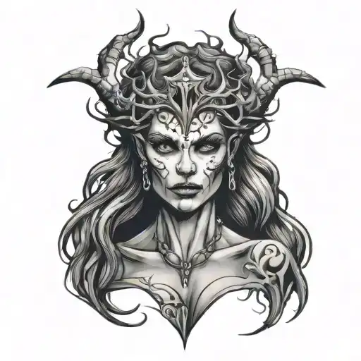 demon lady head with crown of thorns wrapping tattoo design idea