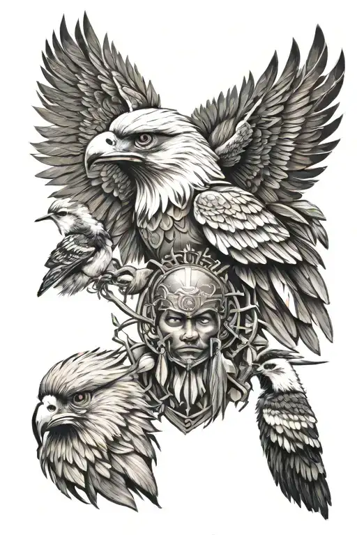  a thunderbird, and pheonix, and chickadee, and native chief warrior boy, and  lightning bolt  tattoo design idea