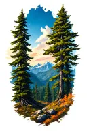 nature scene with trees in the foreground and mountains in the background tattoo design idea