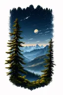 nature scene with trees in the foreground and mountains in the background tattoo design idea