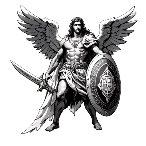 Archangel Miguel in the center, imposing position, loud sword shield on the arm, with the São Bento medal recorded tattoo design idea