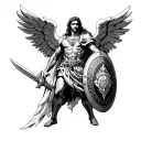 Archangel Miguel in the center, imposing position, loud sword shield on the arm, with the São Bento medal recorded tattoo design idea