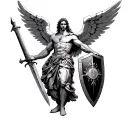 Archangel Miguel in the center, imposing position, loud sword shield on the arm, with the São Bento medal recorded tattoo design idea