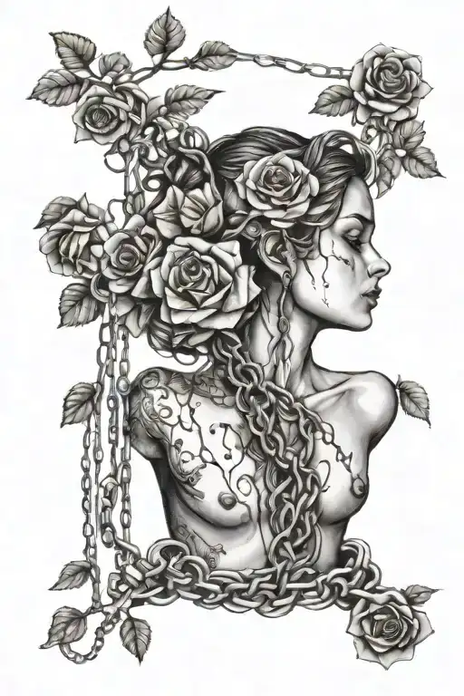 Naked girl, roots growing out of chains, roses tattoo design idea