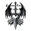 heart shaped dagger with dragon wings  and roses on sides with the name carmen cantu above in calligraphy lettering  tattoo design idea