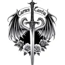 heart shaped dagger with dragon wings  and roses on sides with the name carmen cantu above in calligraphy lettering  tattoo design idea