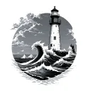 Vintage Lighthouse with a Giant Wave Wrapping Around It tattoo design idea