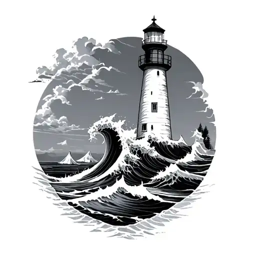 Vintage Lighthouse with a Giant Wave Wrapping Around It tattoo design idea