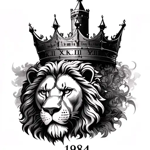 at the top of the tattoo, I want a castle shaped like a crown. below that, a male lion face. then Roman numerals 1984 tattoo design idea