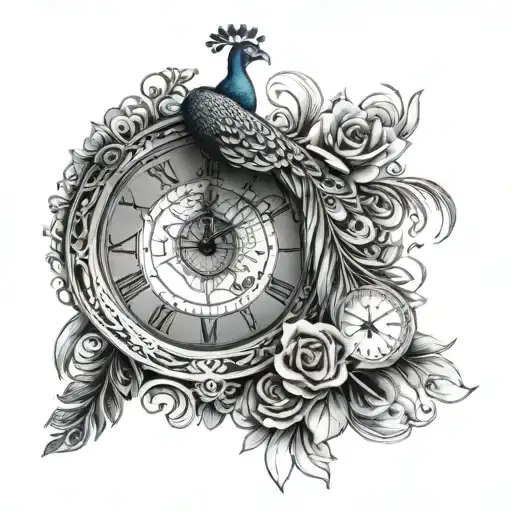 peacock and timepiece tattoo design idea