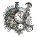 peacock and timepiece tattoo design idea