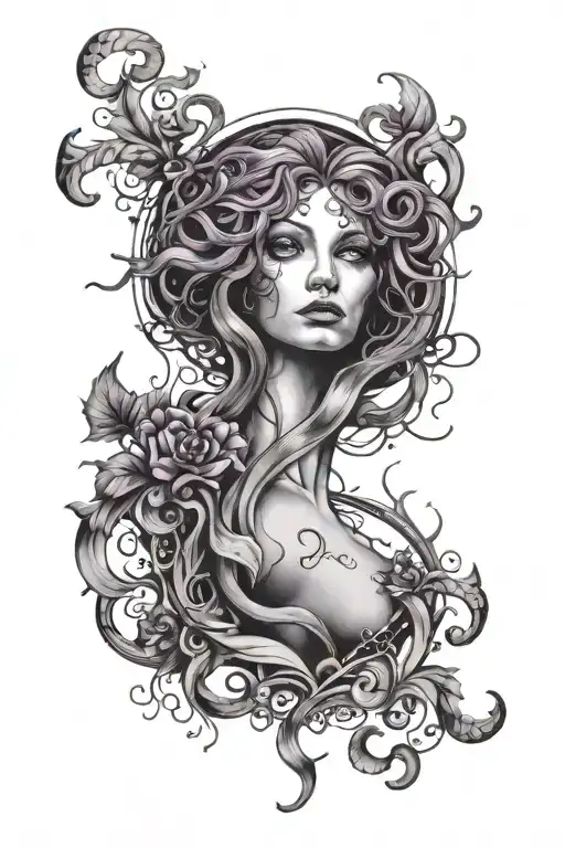 semicolon, medusa, broken mirror, purple ribbon, tattoo design idea