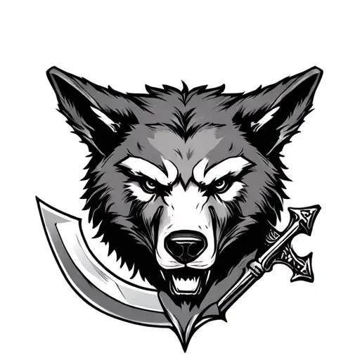 jackal head with a bear head beneath it periced by a dagger tattoo design idea