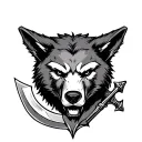 jackal head with a bear head beneath it periced by a dagger tattoo design idea