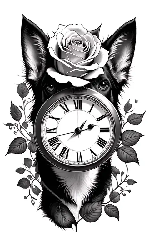 clock, rose, dog portrait tattoo design idea