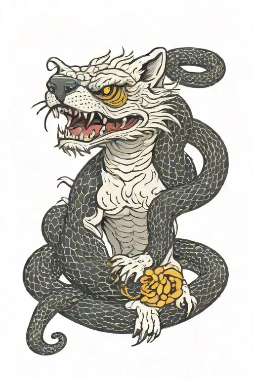 vicious White dog with black face fighting giant snake tattoo design idea
