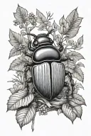 A small dung beetle walking through a forest scene tattoo design idea