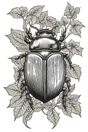 A small dung beetle walking through a forest scene tattoo design idea