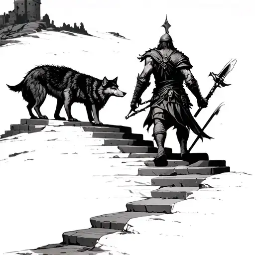 A warrior climbs the steps up the rocks on his way to the ruined castle that stands at the top, with two wolves  tattoo design idea