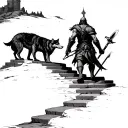 A warrior climbs the steps up the rocks on his way to the ruined castle that stands at the top, with two wolves  tattoo design idea