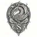 A Shouldertatto with mixed elements of a scottish thistle, a phoenix, fire, the number 21, the letter s, Cyberpunk style tattoo design idea