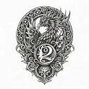 A Shouldertatto with mixed elements of a scottish thistle, a phoenix, fire, the number 21, the letter s, Cyberpunk style tattoo design idea