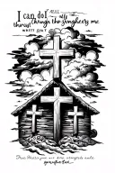 three crosses at the bottom and clouds with a quote that says i can do all things through christ who strengthens me tattoo design idea