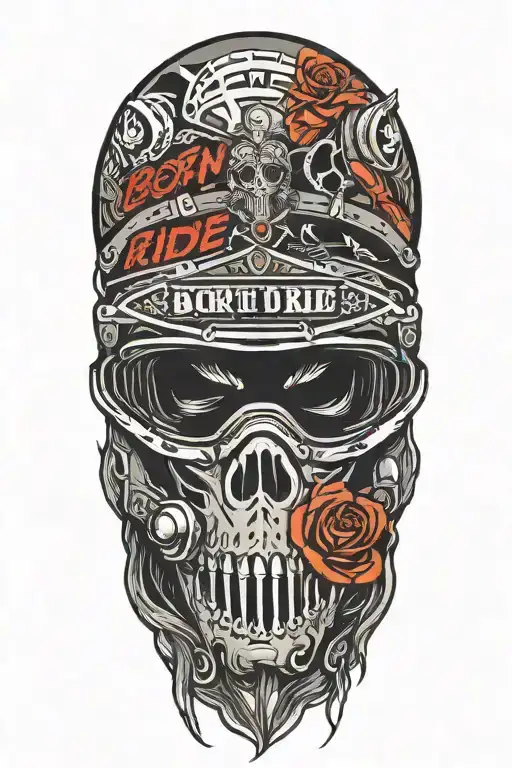 "Born To Ride" texi in horror style on top , under head of motocross helmet  and  under dirt bike tire mark tattoo design idea