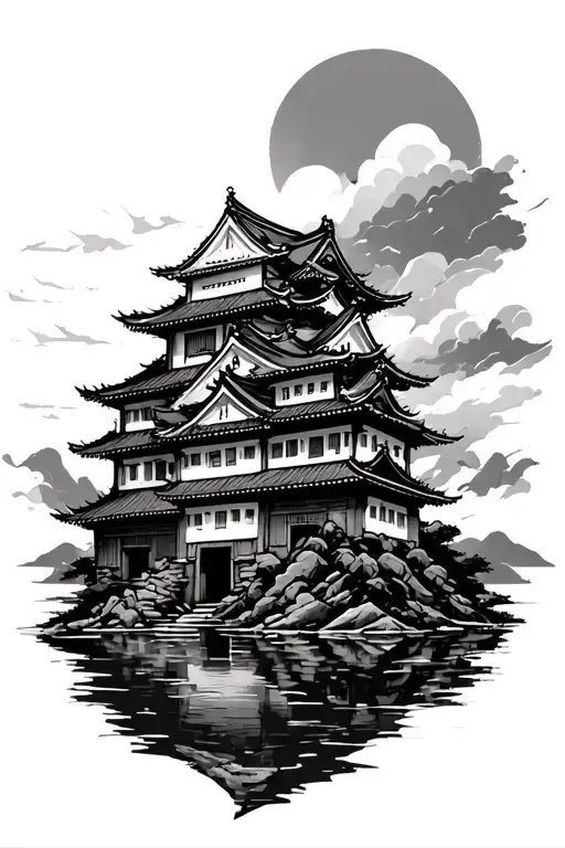 Japanese castle in ruins tattoo design idea