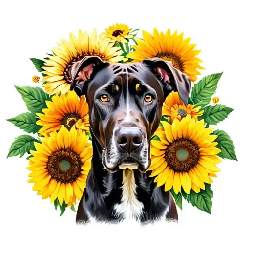 A Great Dane surrounded by vibrant sunflowers and zinnias tattoo design idea