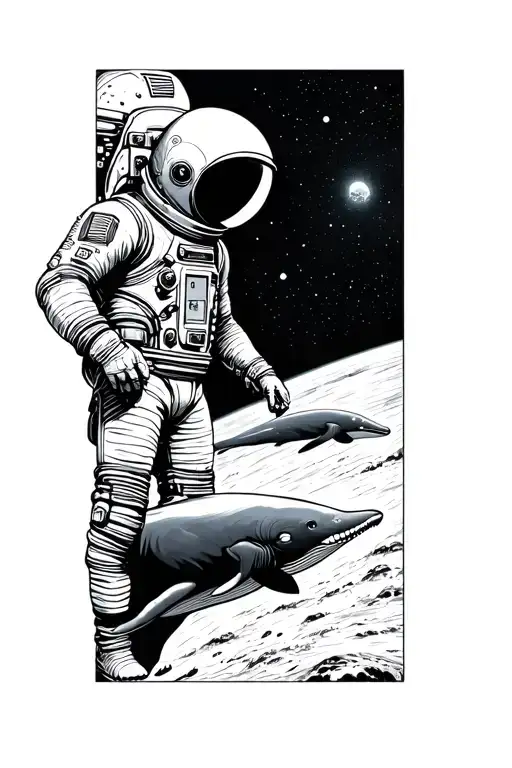 Man in a space suit in space and whales meeting and touching with a  finger tattoo design idea